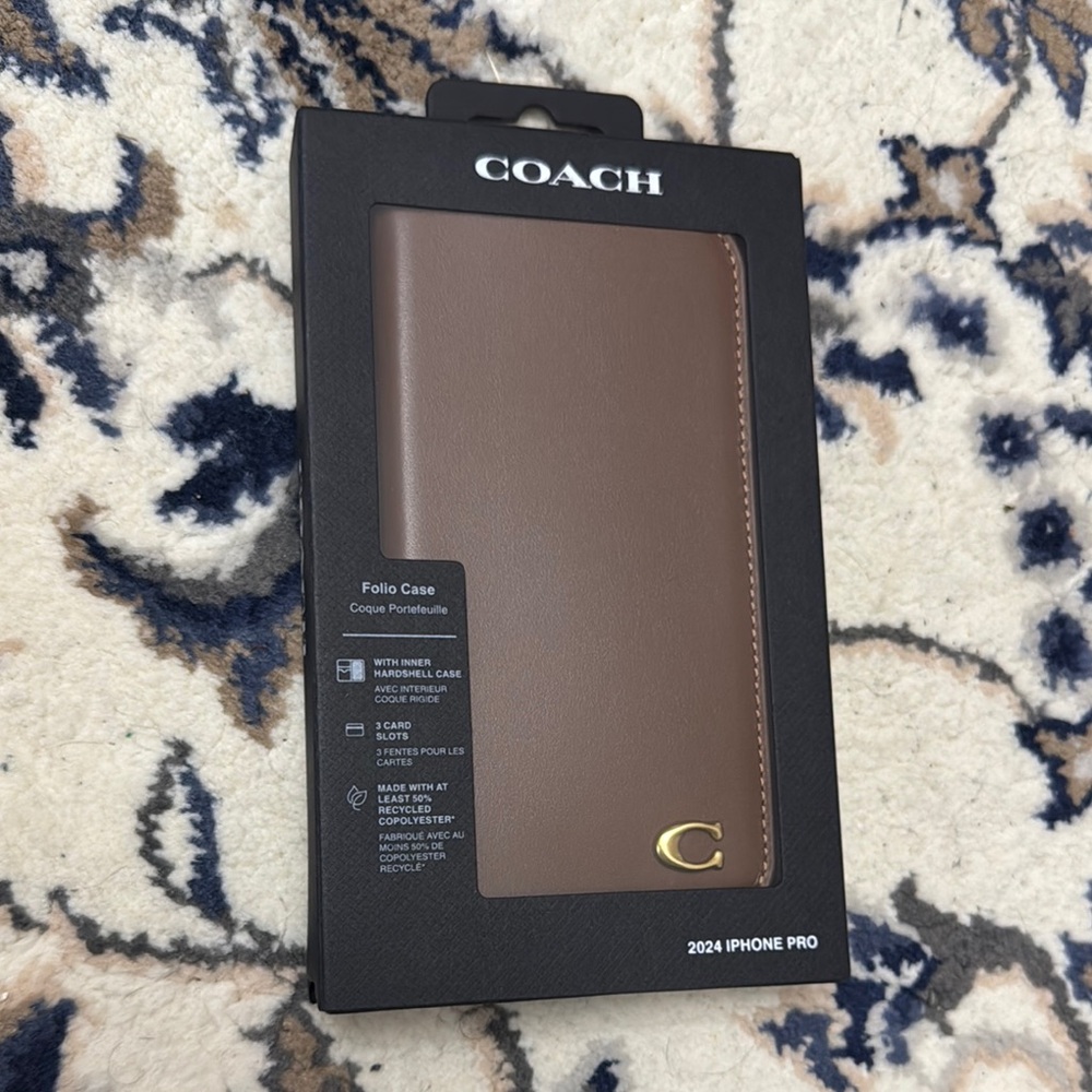 Coach IPhone 16 Pro Tan Folio Case with Gold Accent